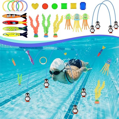 XFLYP 22PCS Swimming Pool Toys, Underwater Diving Pool Toys Set with 2 Penguin Diving Door, 6 Gems, 4 Diving Rings, 4 Toypedo Bandits, Fun Swimming Toys Diving Games for Family Games Gifts