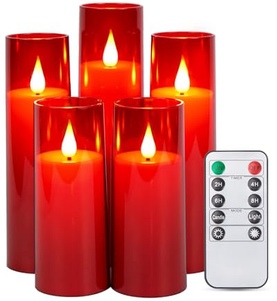 IMAGE Flickering Flameless Candles Battery Operated, Acrylic Shell Pillar 3D Wick LED Candles with Timer for Wedding Christmas Home Decor Set of 5 (D2.3 in X H5 5 7 7 8 in), Red
