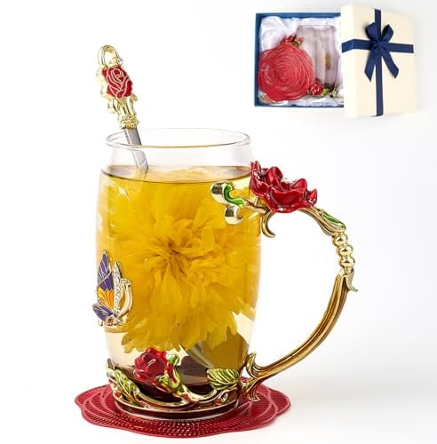 Tazza da tè con fiori, farfalla e rosa, tazza da caffè in vetro trasparente con cucchiaio, confezione regalo per mamma, moglie, nonna, ragazze, amici, San Valentino, Natale, compleanno, idea regalo