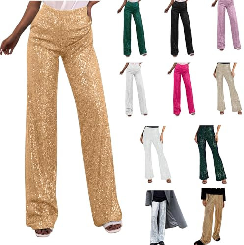 Generisch Einfarbig Anzughose Hosenanzug Damen Pailletten Cargohose High Waist Hose Elastische Taille Hosenanzug Damen Slim Fit Hosen Festlich Weites Bein Hosen Palazzo Hose Angebote Gold M