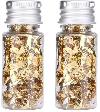 Goldfolienpapier,Vergoldete Flocken,Goldene Tortendeko 2 Flaschen 20ml, goldene hochzeit tortendeko,essbare tortendeko,Blattgold, Gold Folien Flocken, Blatt Flocken Gold, für Küche, Dessert,Hautpflege