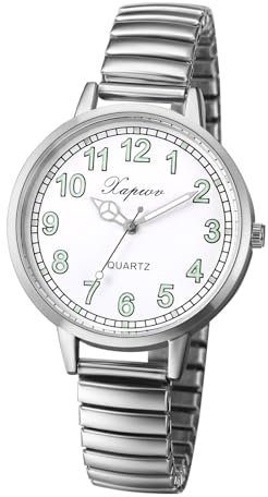 JewelryWe Damenuhr Elastische Uhr für Senioren: Silber Analog Quarz Armbanduhr Damen Stretcharmband Lässige Uhr mit Schmal Edelstahl Zugarmband & großem leicht ablesbar Zifferblatt