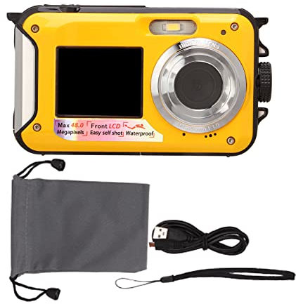 Full HD 2.7K 48MP 10ft Waterproof Underwater Digital Camera 16X Digital Zoom Front Rear Double Screens Waterproof Digital Camera (Yellow)