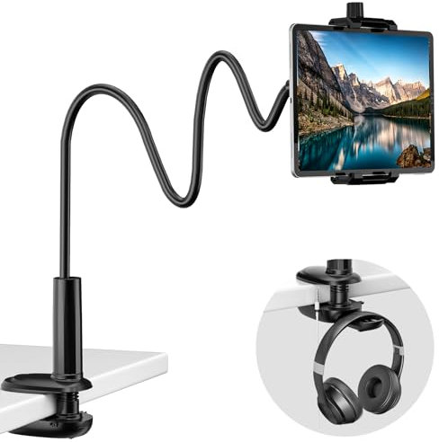 KDD Gooseneck Tablet Holder for Bed - 360 Adjustable iPad & Phone Holder with Headphone Hanger, Arm Tablets Mount Clamp for Video Recording, Bedside & Headboard Clamp for iPad Pro 12.9, Mini 4.7-12.9