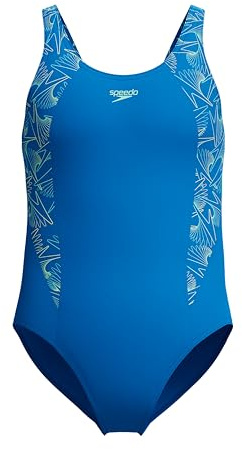 Speedo Girls Hyperboom Splice Muscleback Swimsuit | Swim Training |Chlorine Resistant | Quick Drying | Stretch Fabric | Comfort Fit, Lagoon Blue/Celeste, 11-12