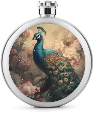 Runde Flasche mit orientalischem Pfauenmuster, auslaufsicher, Edelstahl, Likörflasche, tragbare Weinflasche, Hüftlikörflasche, niedlich, bedruckt, Whiskyflasche für Männer und Frauen, Geschenk