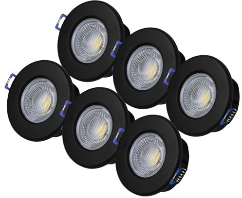 ELG Leuchten 6 x LED Einbaustrahler Dimmbar 240V,Schwarz,Einbauleuchten,Deckenspots,Downlight,7,5W,600-650LM,2800-4000K,IP54,68mm, Triac dimmbar