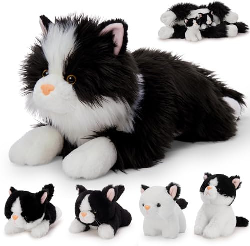 MorisMos 5 stücke Schwarz Katze Kuscheltier XXL Set, 50cm lang riesen Katze Kuscheltier mit Babys im Bauch, catteddy Plüschtier Stofftier Geburtstag Geschenk für Kinder Baby