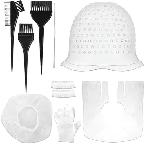 Juego de 9 mechones, gorro para mechones, juego de mechones, gorro para el cabello, accesorios para teñir el cabello con gancho para el pelo, pincel para colorear, guantes para mujeres y niñas