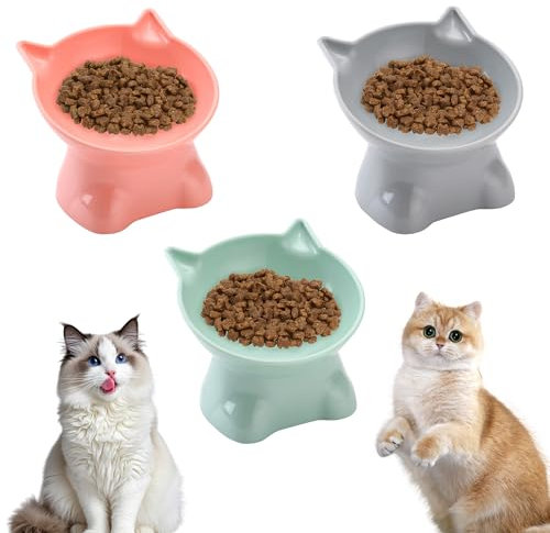 Set di 3 ciotole per gatti rialzate, inclinazione di 15°, ciotola in plastica con base