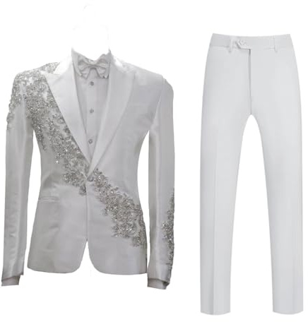 Eweniar Men's Applique Suit White Satin 2 Piece Slim Fit Luxury Diamond Floral Tuxedo Prom Suits for Wedding Party Prom