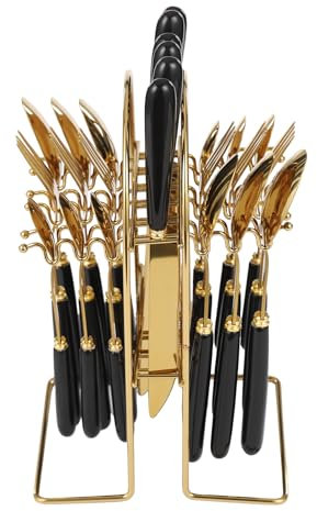 GCIUEMMH Stainless Steel Cutlery Set 24Pcs Flatware Set with Stand-Mirror Polishing Tableware Service for 6 (Knives, Forks, Spoons & Coffee Spoons) - Dishwasher Safe for Home (Gold+ Black)