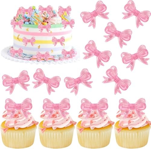 SYKYCTCY 30 Pack Pink Bow Cupcake Toppers Paper Bowknot Acrylic Cupcake Picks Bow Tie Cupcake Decorations for Wedding Bridal Shower Theme Pink Girl Birthday Party Cake Decorations Supplies