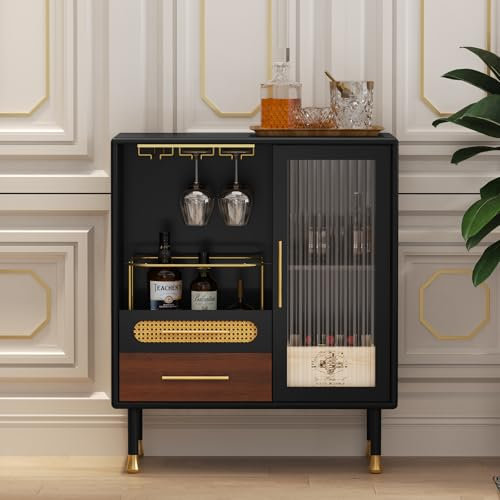 HOLTICO Drinks Cabinet, Black Coffee Bar Cabinet with Wine Glass Racks and 2 Drawers, Modern Wooden Buffet Sideboards for Living Room, Kitchen, Dining Room