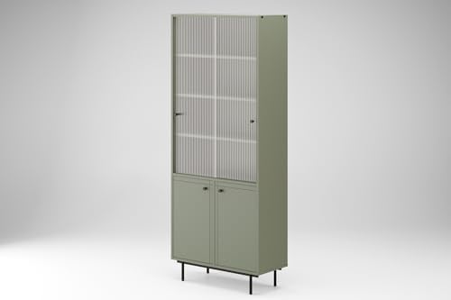 INTAR - Vitrinenschrank - Vitrine Stehend mit Glastür, Glasvitrine - 80,8 x 195 x 35 cm BxHxT - Moderner Schrank mit Gerilltem Glas für Wohnzimmer, Jugendzimmer, Büro - Rauchiges Grün mit Schwarz