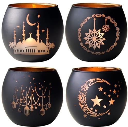 Ramadan Deko für Zuhause, Elegante Schwarze Glas Teelichthalter, Matte Votivkerzenhalter für Ramadan Tischdeko, Eid Mubarak Dekoration, Islamische Geschenke