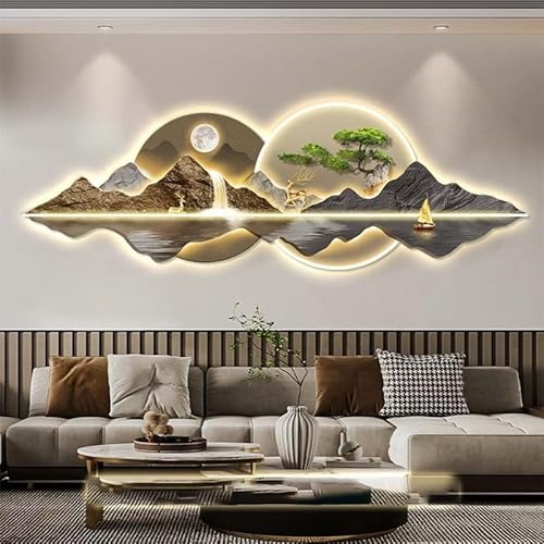 JNTFNE Landschafts-3D-Wandkunst-Dekoration mit LED-Licht Sonne und Mond Fernbedienung beleuchtetes Wandbild Berg & Hirsch für Wohnzimmer(D)