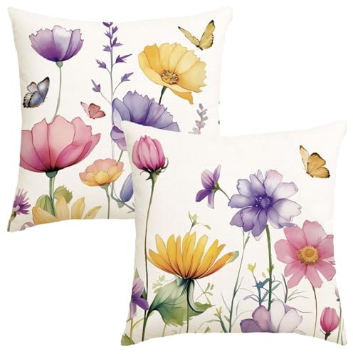 Avalune Federe Cuscini Divano 40x40 cm Viola Fiori Primaverili Fodere Cuscino Acquerello Decorativi Copricuscini per Letto, Soggiorno, Giardino, Esterno, Casa Decorazione Set di 2