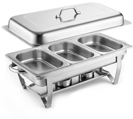 OHMG Chauffe Plat,Chafing Dish ou rechaud en INOX Alimentaire pour Buffet/Bain Marie Professionnel/Maintien au Chaud/Traiteur/hôtel/Restaurant - Acier Inoxydable (3 Compartiments, 55 * 35.5 * 26cm)