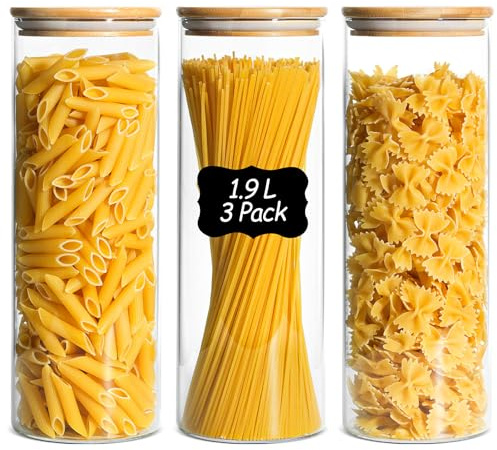 ComSaf Glasbehälter Vorratsgläser mit Deckel für Spaghetti 1,9 L, 3er Set | Vorratsdosen, Spaghetti, Mehl, Cornflakes, Nudeln, Küchenvorrat, Speisekammer und Vorratsschrank