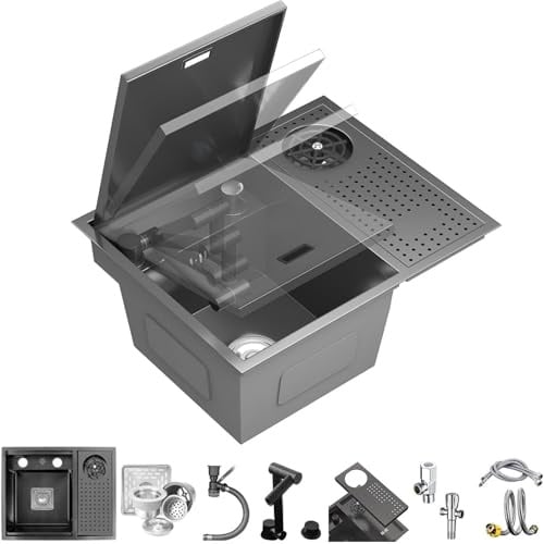 Évier De Cuisine Multifonctionnel Encastrable De 55x45cm Avec Couvercle, Rince-verres Et Robinet Rabattable Évier Simple Compact Pour La Maison Commerces Camping-cars