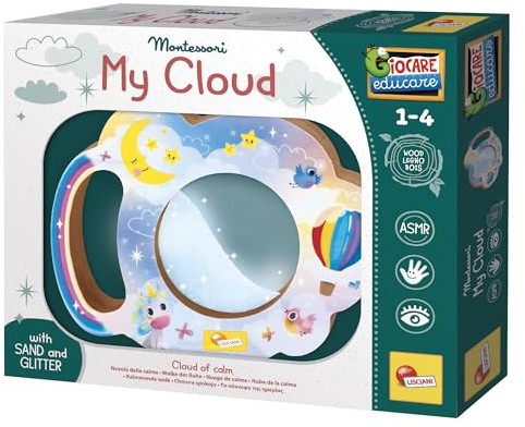 Lisciani - Montessori Wood - My Cloud - Montessori Sensorikspielzeug aus Holz für Kinder 1–4 Jahre - Sensorische Wolke mit Sand und Glitzer - Ruhiges ASMR Spielzeug - Feinmotorik