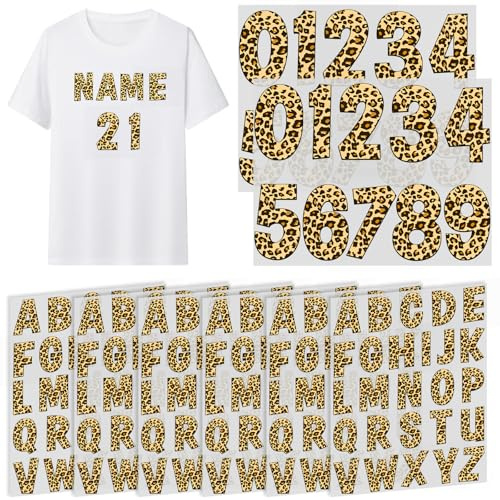 8 Sheets 176 Pieces Iron On Letters A-Z & Numbers Iron on 0-9 Thermal Transfer Letters Iron on for T Shirts Clothes Uniforms - Leopard Print