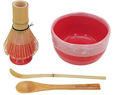 BambooMN Brand - Matcha Bowl Set (Includes Bowl, Rest,Tea Whisk, Chasaku, & Tea Spoon) 1 Set Coral