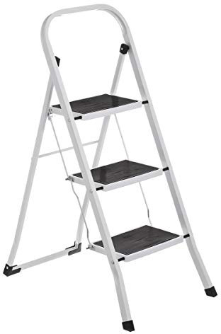 LOLAhome Escalera de 3 Peldaños, Escalera Plegable Antideslizante, Asa Superior, Sistema de Seguridad, Peldaños y Tapas Antideslizantes, Capacidad 150 kg, Blanca de Acero de 105x71x46 cm