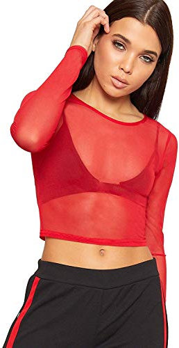 Womens Ladies Sheer Mesh Fish Net Long Sleeve Basic Stretchy T Shirt Top 12-14, Red