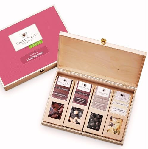 WELLNUSS Geschenkset für Frauen Ladiesnight - Best of Chocolate I 4 Nussmischungen mit Schokolade in der Birkenholzbox (4 x 60-70 g) I Geschenk für Frau, Freundin, Mama I Zum Geburtstag, Muttertag