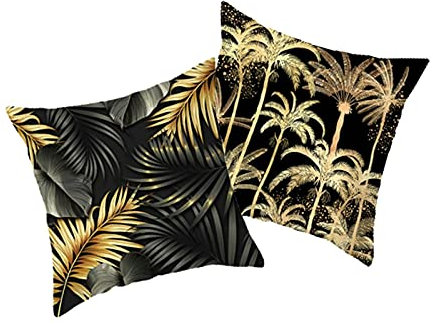 Beydodo Funda de Almohada,Funda Cojin Pack 2,Árbol de Coco Hojas de Palma,Funda Cojin 40x40 Sofa Funda de Cojin de Sofa Oro Negro