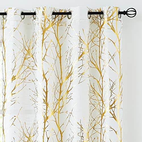 FMFUNCTEX Weiß Gold Voile Vorhänge Transparente Metallic Zweige Muster Gardinen für Wohnzimmer Leinenoptik Vorhang Halbtransparente Modern Ösenschals für Schlafzimmer 2er Set, 245 x 127 cm (H x B)