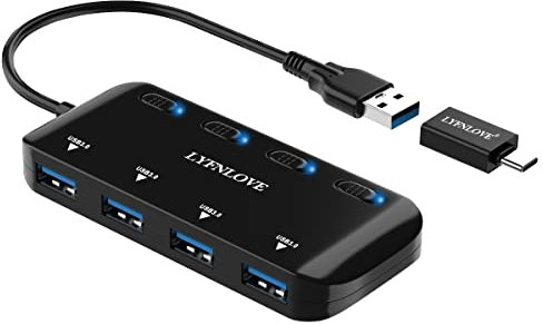 4-Port USB Hub 3.0 with USB C Adapter，LYFNLOVE USB Extender with Individual Power Switch, Ultra Slim USB Splitter for Laptop, MacBook Pro/Air/Mini, iMac, PC, Surface Pro, PS4, PS5, Xbox