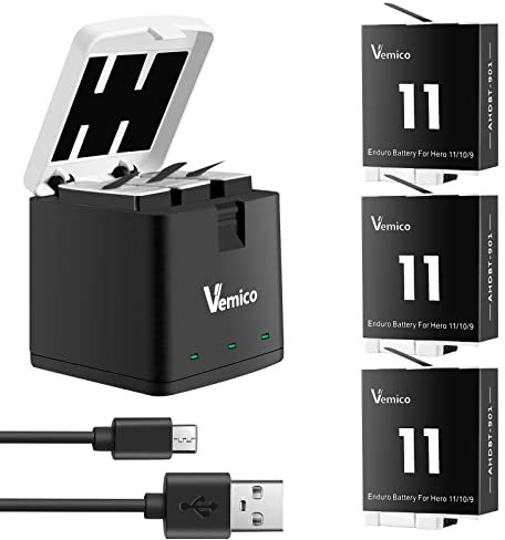 Vemico Hero 12 Hero 11 Hero 10 Hero 9 Enduro Batterie Chargeur Kit 3 Pack 1800mAh Remplacement Batteries Type-C LED Chargeur 3-Canaux pour Hero 12/11/10/9 (Compatible avec l'original)