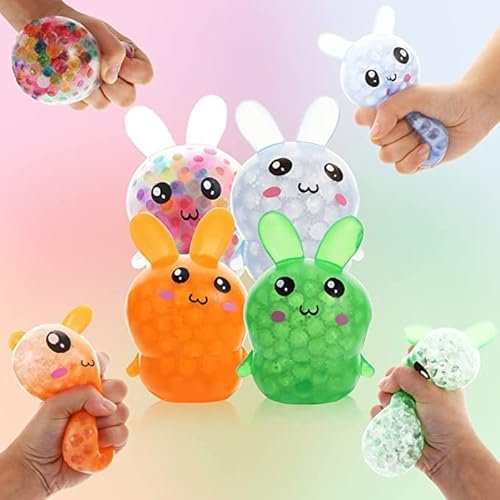 EKKONG Stressball 4 Stück Kaninchen Antistressball Quetschball Lustig Bunte Knautschball mit Wasse Perlen für Kinder Erwachsene Stressabbau Spielzeug, Festliches Geschenk Ostern