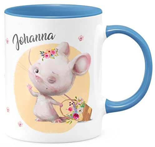 miKalino Keramik Tasse Winkende süße Maus mit Wunschname - handbedruckt in Deutschland | Kaffee Becher Kaffeetasse Geschenk, Farbe:cambridgeblue, Grösse:330ml