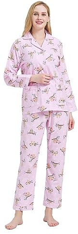GLOBAL Damen Pyjama Set Lang Flanell Baumwoll Schlafanzug