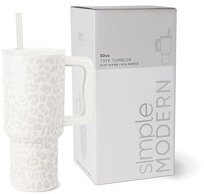 Simple Modern Thermobecher mit Strohhalm und Griff | Isolierter Edelstahl-Trinkbecher Eiskaffee-Reisebecher | Geschenke für Frauen und Männer | Trek | 890ml | Cream Leopard