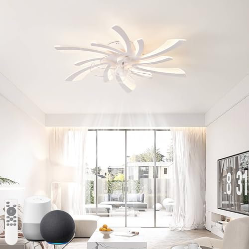 KeLuKes Silent Ceiling Fans with Lights Compatible with Alexa and Google Assistant, 78cm Bedroom Ceiling Fan with Lamp, Dc Motor, Timer Memory Function Reversible Dimmable Ceiling Fan Light, White