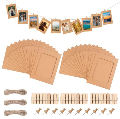 JINTANG 30 Pcs Fotorahmen aus Pappe,10 x 15 cm Kraftpapier Bilderrahmen,fotogirlande,DIY Hängende Wanddekoration mit 30 pcs Clips und 3 pcs Hanf Seile Set(Braun)
