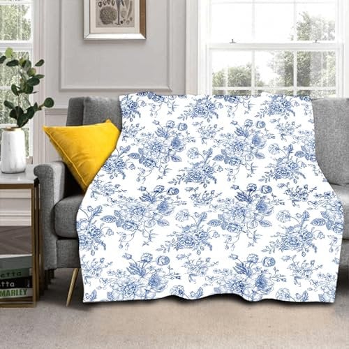 Blue Floral Blanket 50x40 Blue and White Vintage Flower Pattern Design Print Throw Blanket Lightweight Warm Soft Blanket Farmhouse Seasonal Decor for Home Living Room Sofa Couch Bed