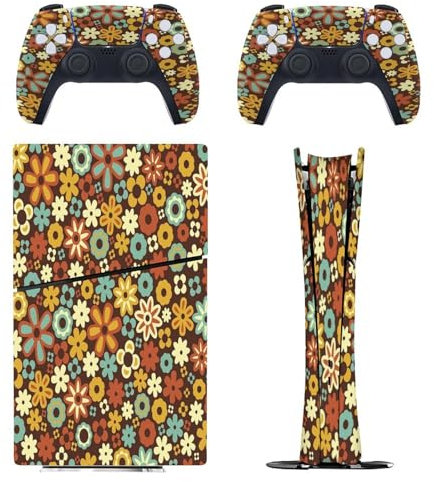Retro-Blumenmuster, kompatibel mit PS5 Slim Konsole Skin und Controller Digital Edition Skins Set, präzise Passform und einfache Installation