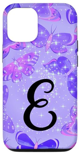 iPhone 12/12 Pro Initial E Purple Butterfly Phone Case with Letter E,Monogram Case