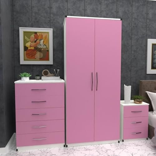 Ready 3-Piece Bedroom Furniture Set, 2-Door Wardrobe 78cm, 5-Drawer Chest 72cm, 3-Drawer Bedside 40cm (Pink)