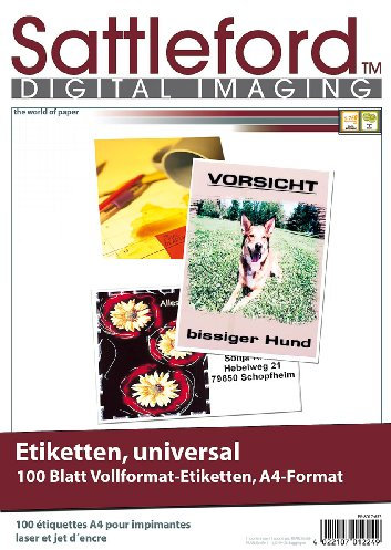 Sattleford Etikettenpapier: 100 Etiketten A4 210x297 mm für Laser/Inkjet (Druckerpapier selbstklebend, Selbstklebendes Papier, Drucker)