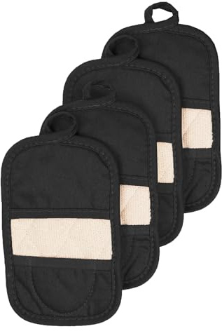 RITZ Premium Pot Holders & Heating Pads (4-Pack), 8.5 x 5.5, Heat Resistant, 100% Cotton Terry-Looped Pocket, Kitchen and Barbeque, Black