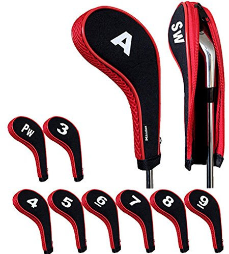 Andux Number Print Golf Iron Club Head Covers Zipper Long Neck 10pcs/set Black/red