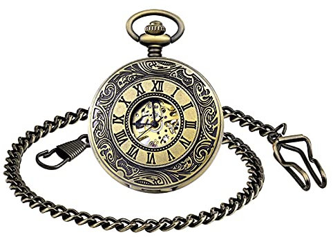 Unendlich U Retro Handaufzug Mechanische Taschenuhr Römisch Gravierung Hohle Skelett Kettenuhr Duale Zeitanzeigen mit Römischen Ziffern Bronze