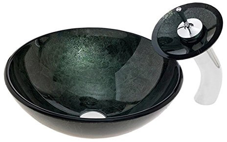 HomeLava Lavabo Sobre Encimera de Vidrio Templado con Grifo Cascada, Anillo de Montaje y Drenaje de Agua,Verde Oscuro